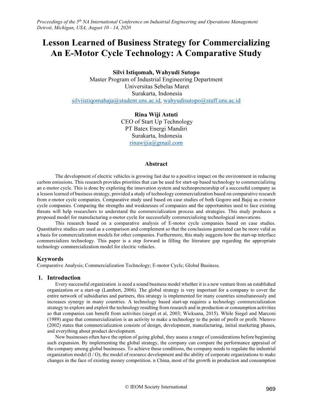 Lesson Learned of Business Strategy for Commercializing an E-Motor Cycle Technology: a Comparative Study