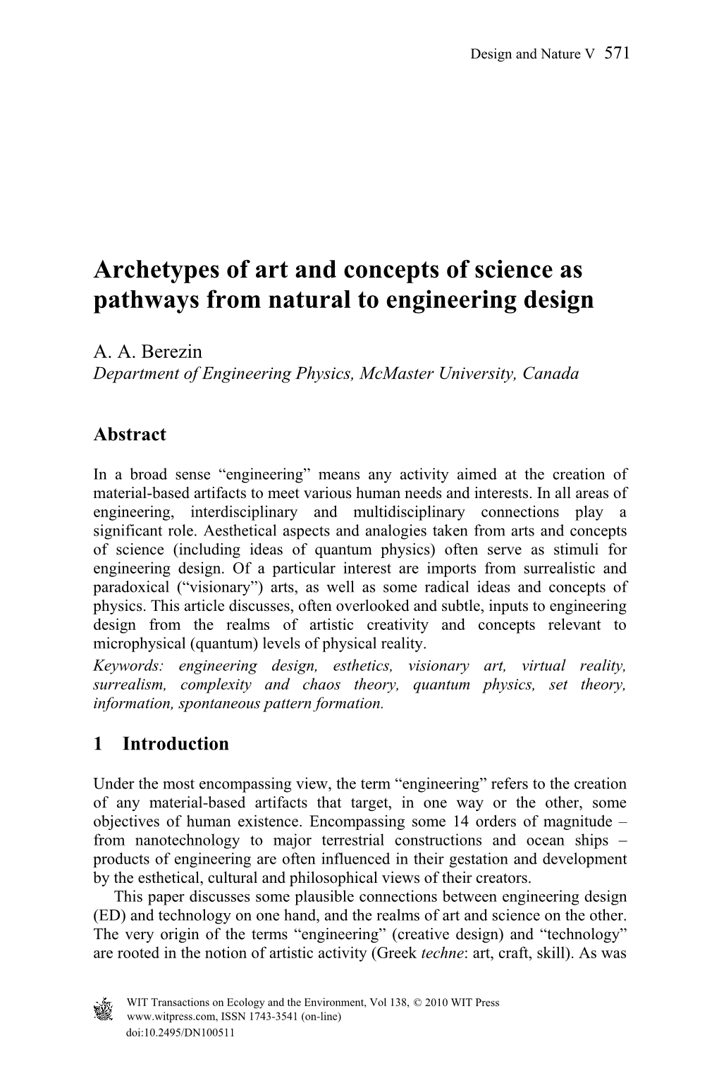 Archetypes of Art and Concepts of Science As Pathways from Natural to Engineering Design