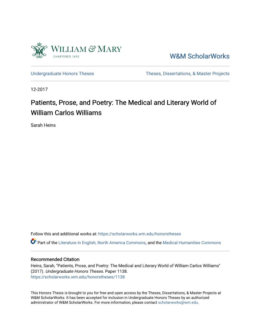 The Medical and Literary World of William Carlos Williams