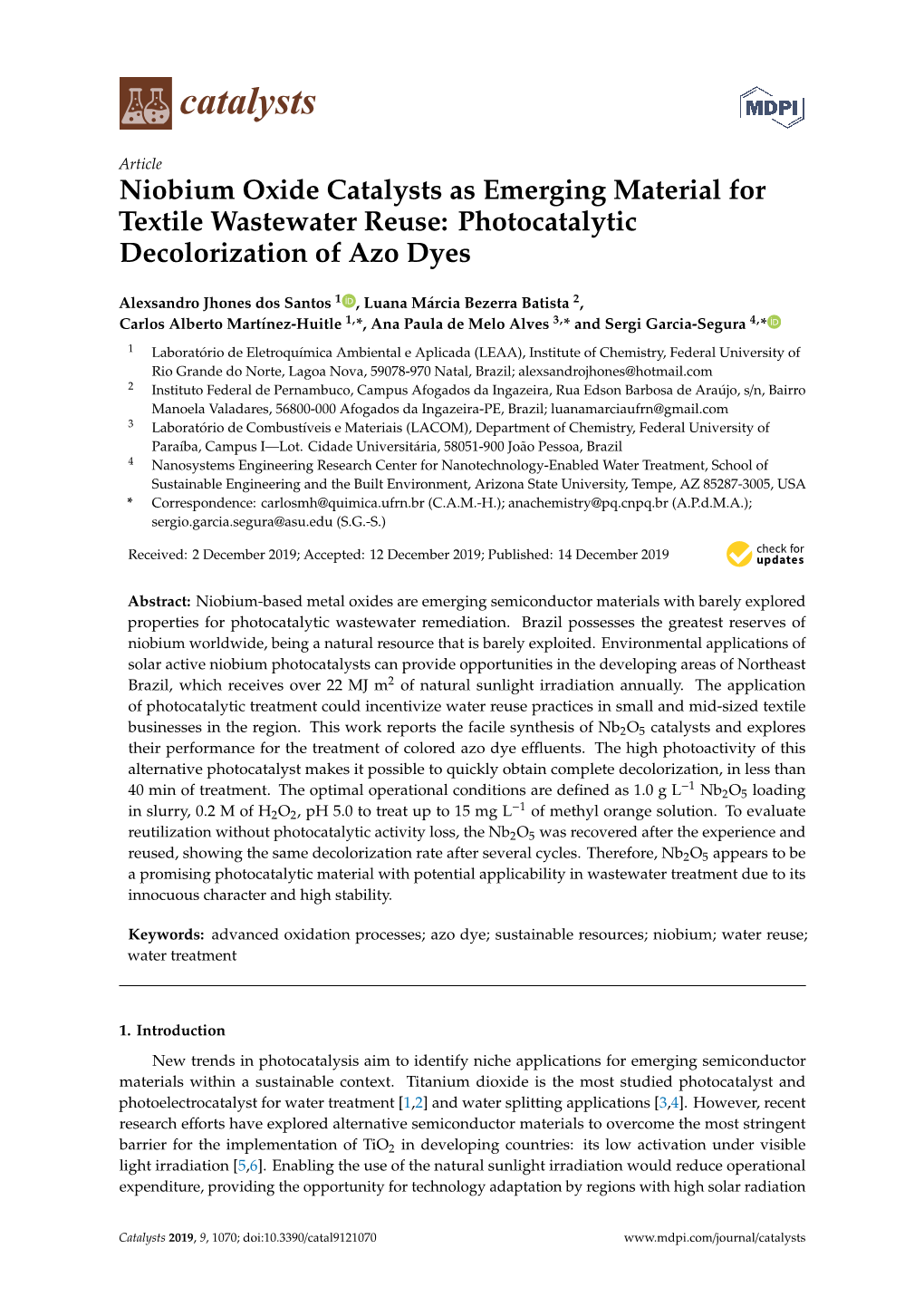 Niobium Oxide Catalysts As Emerging Material for Textile Wastewater Reuse: Photocatalytic Decolorization of Azo Dyes