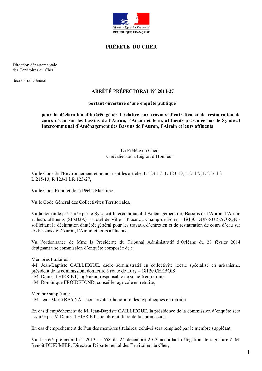 Arrêté N°2014-27 Du 3 Avril 2014 Portant Ouverture D'une Enquête Publique Pour La Déclaration D'intérêt Général