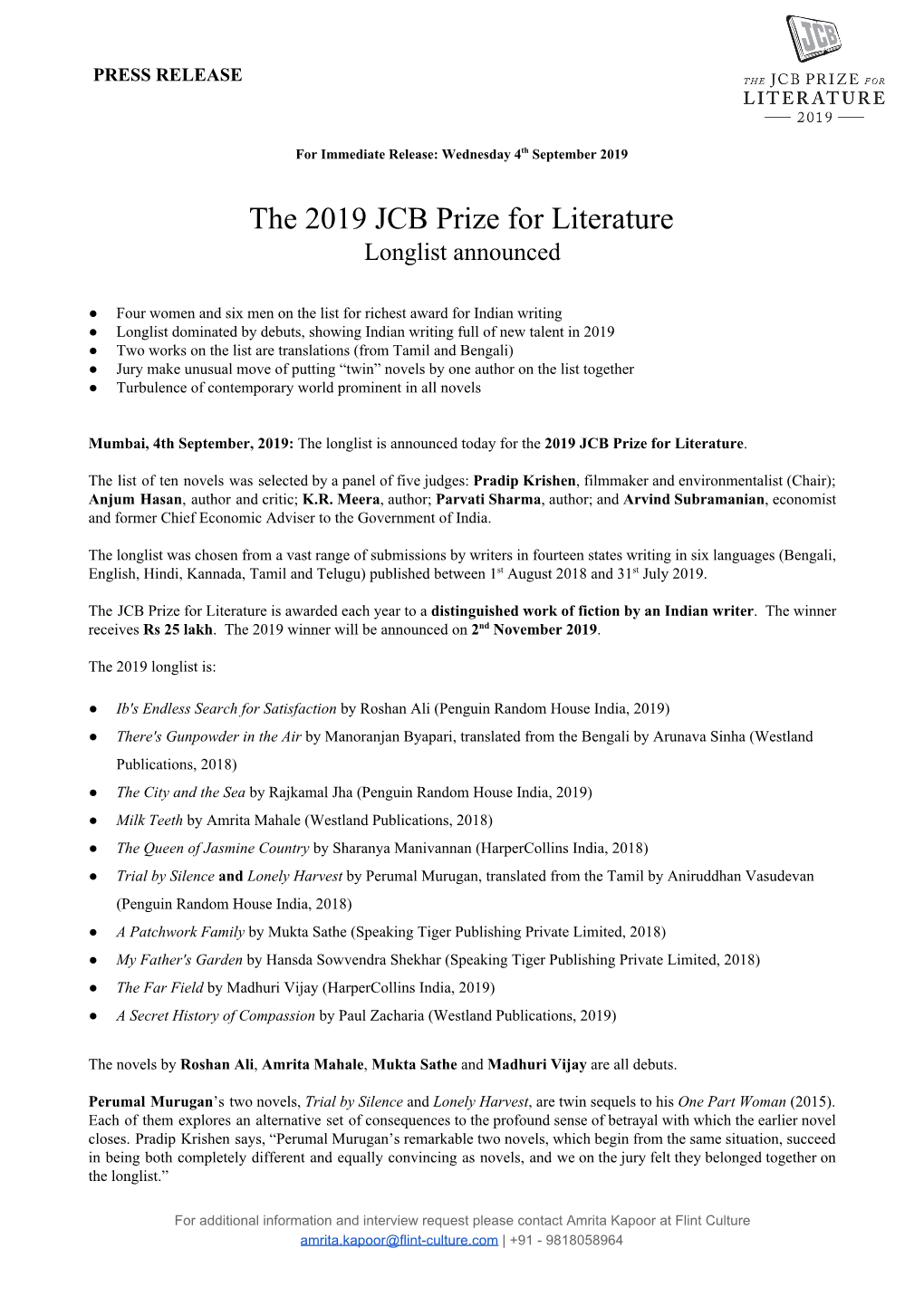 The 2019 JCB Prize for Literature Longlist Announced