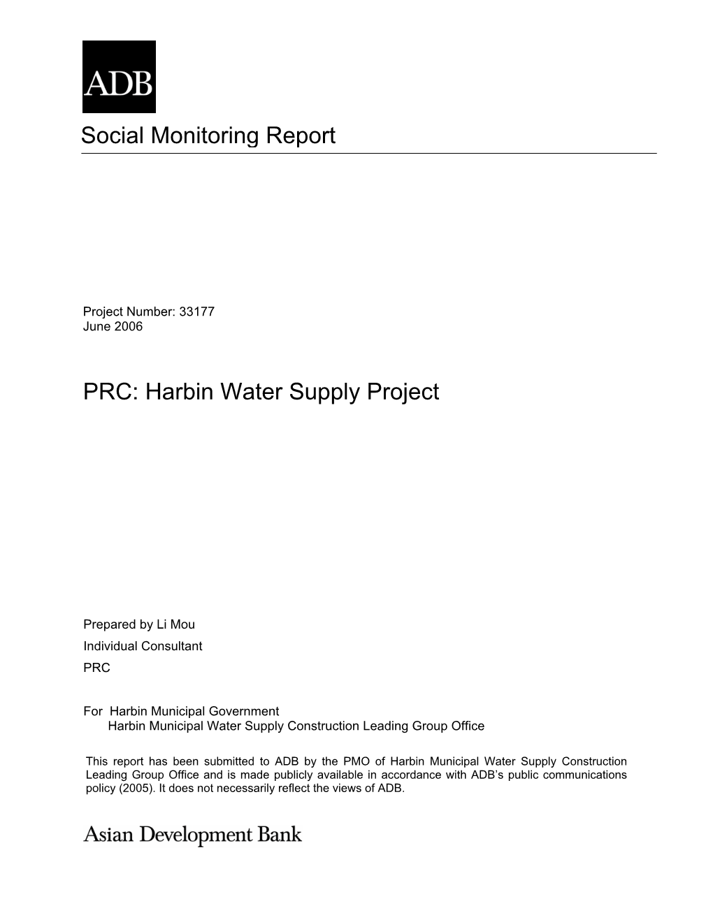 Social Monitoring Report PRC: Harbin Water Supply Project
