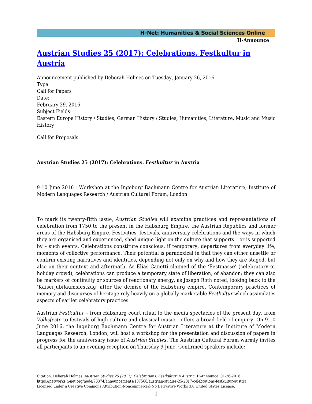 Austrian Studies 25 (2017): Celebrations. Festkultur in Austria