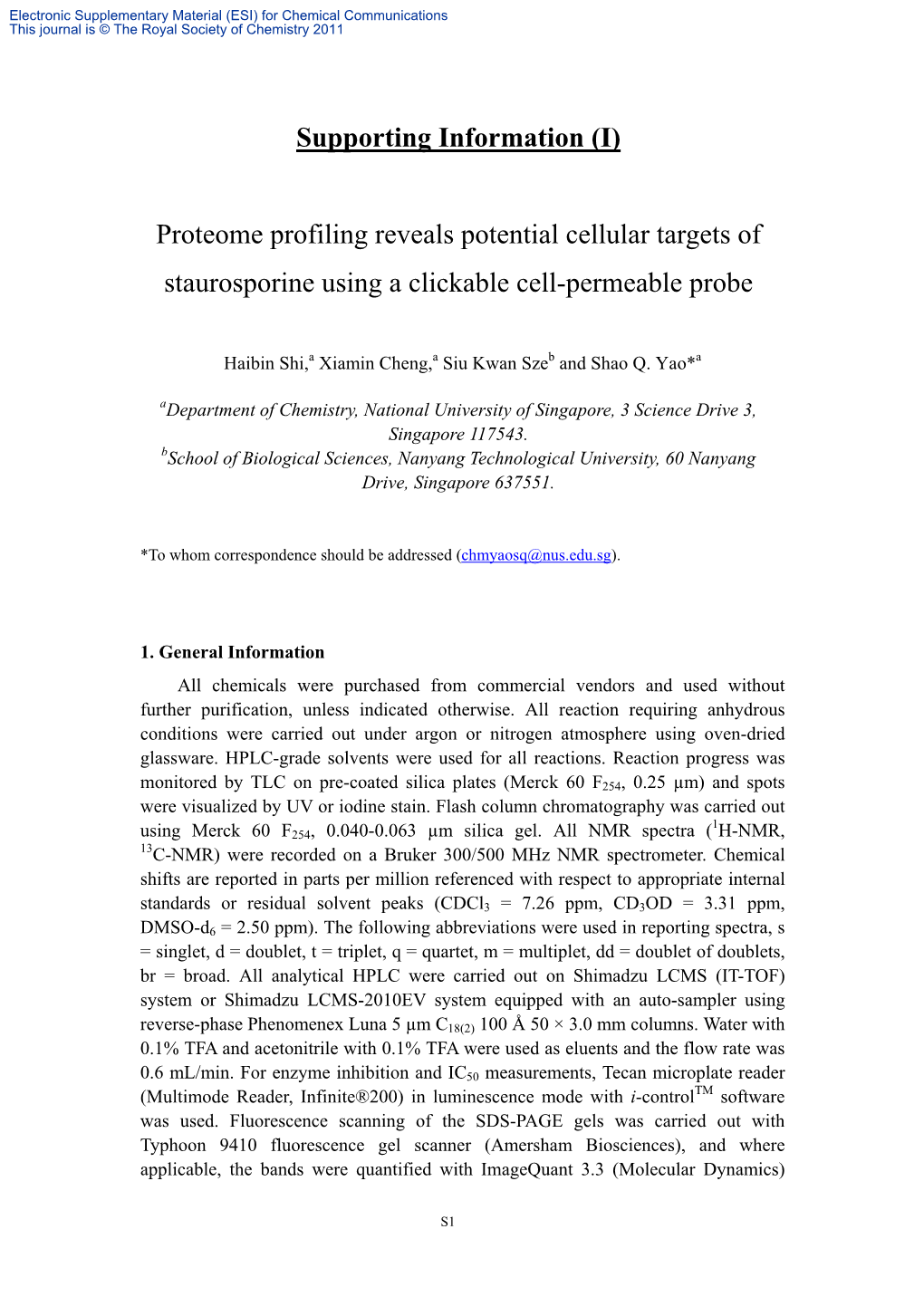 (I) Proteome Profiling Reveals Potential Cellular Targets of Staurosporine