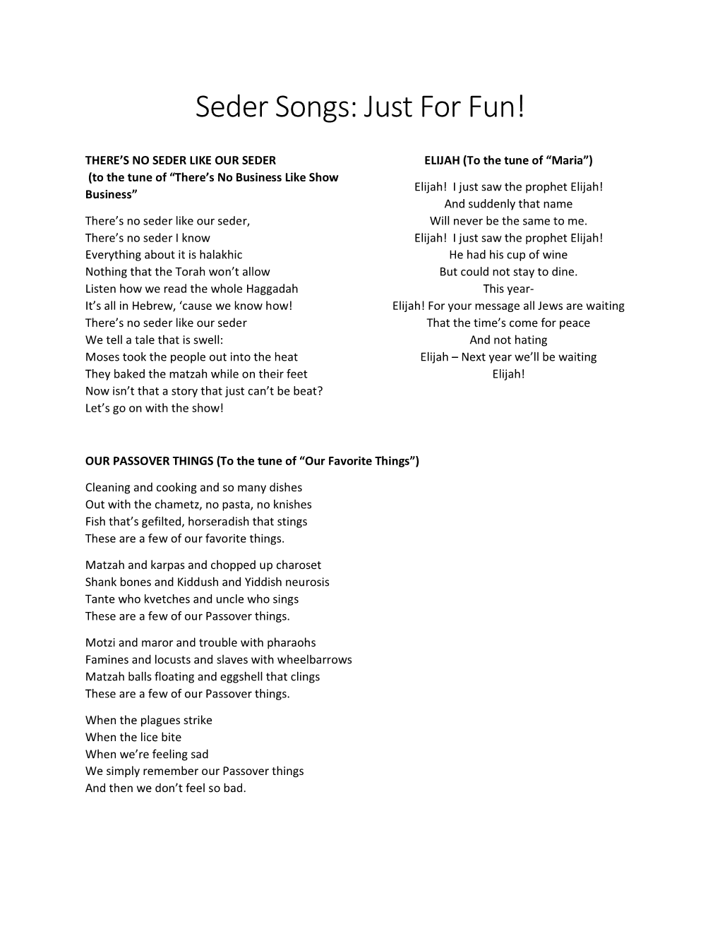 Seder Songs: Just for Fun!