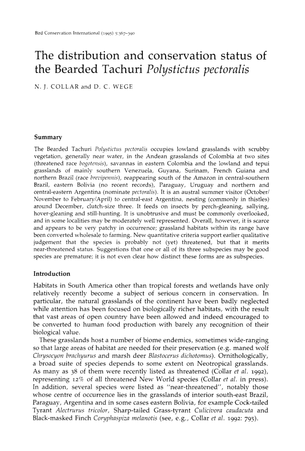 The Distribution and Conservation Status of the Bearded Tachuri Polystictus Pectoralis