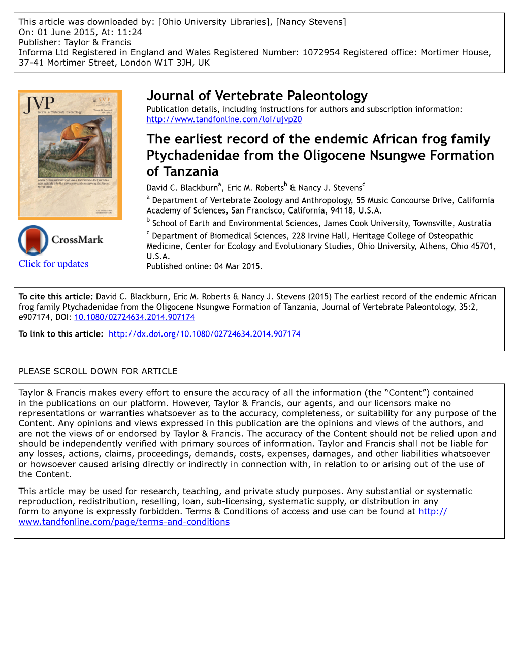 Journal of Vertebrate Paleontology the Earliest Record of the Endemic