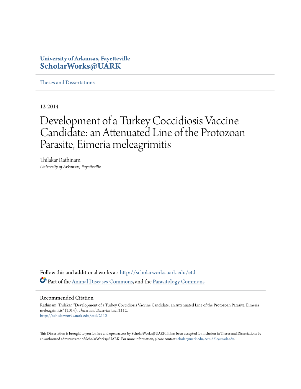 Development of a Turkey Coccidiosis Vaccine Candidate