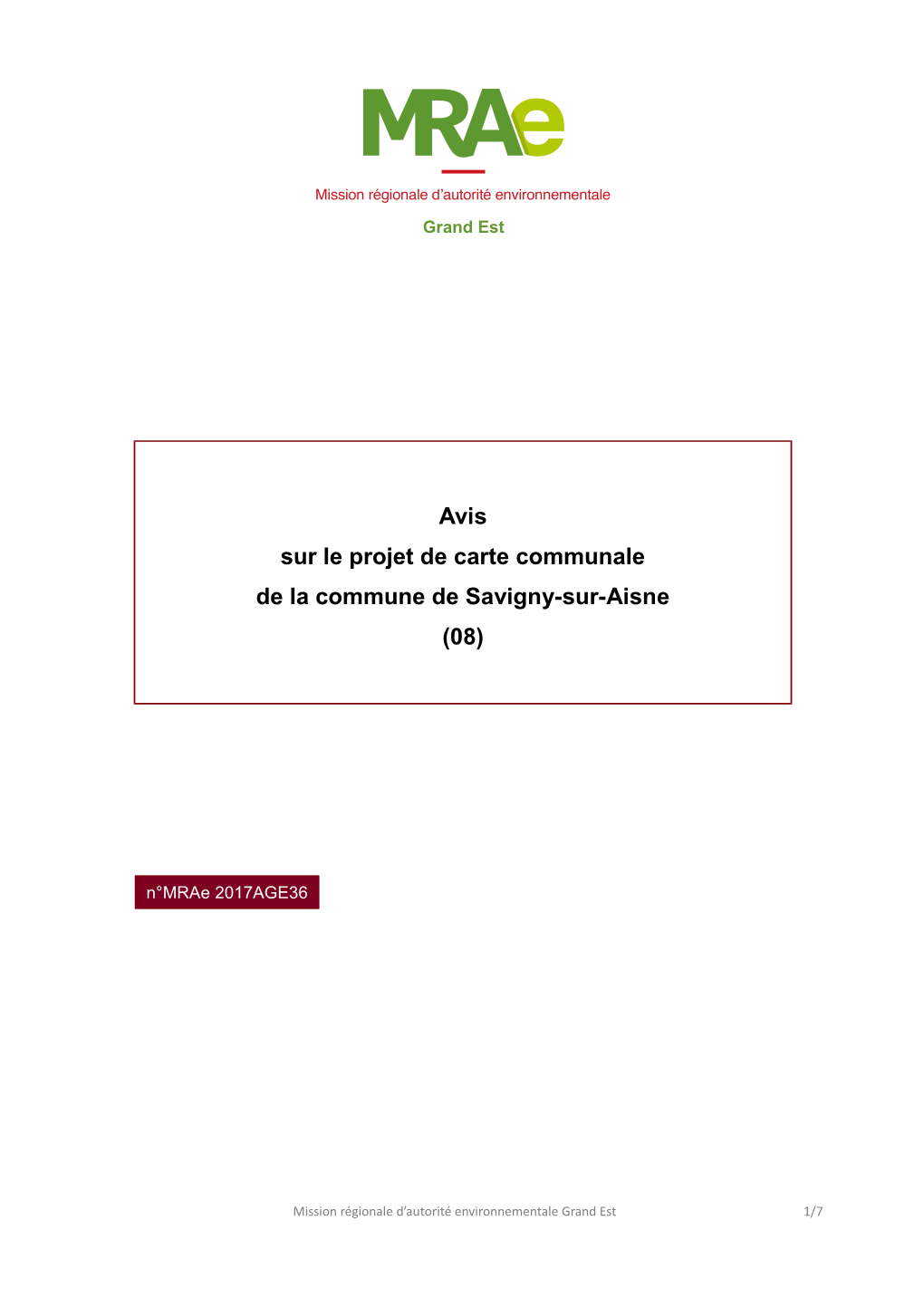 Avis Sur Le Projet De Carte Communale De La Commune De Savigny-Sur-Aisne (08)