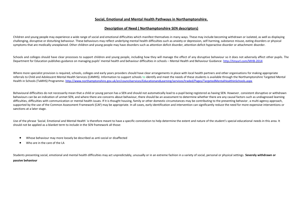 Social, Emotional and Mental Health Pathways in Northamptonshire