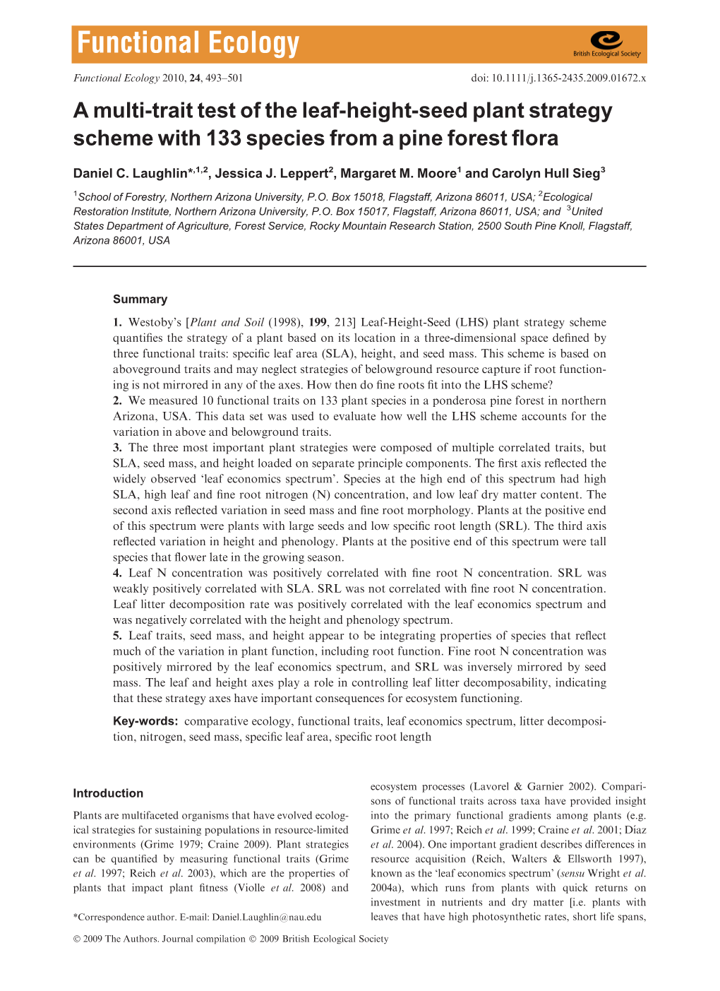 A Multi-Trait Test of the Leaf-Height-Seed Plant Strategy Scheme with 133 Species from a Pine Forest ﬂora