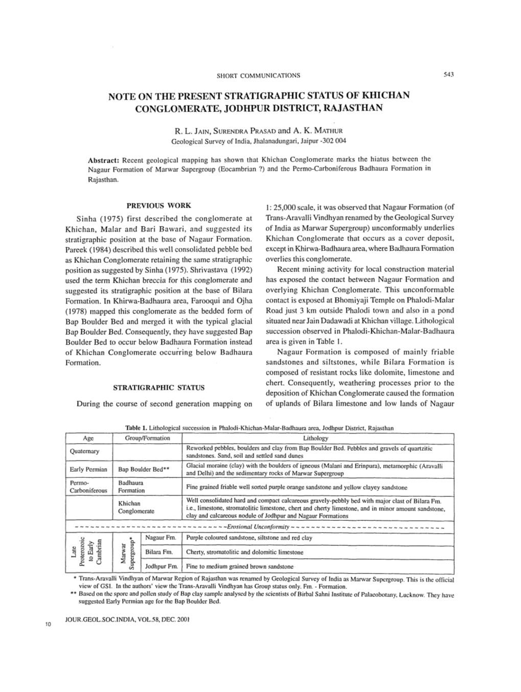 Note on the Present Stratigraphic Status of Khichan Conglomerate, Jodhpur District, Rajasthan