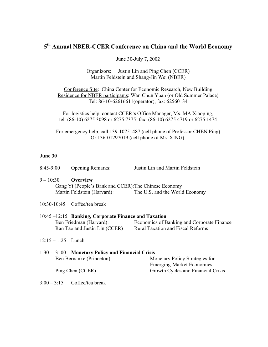 5Th Annual NBER-CCER Conference on China and the World Economy