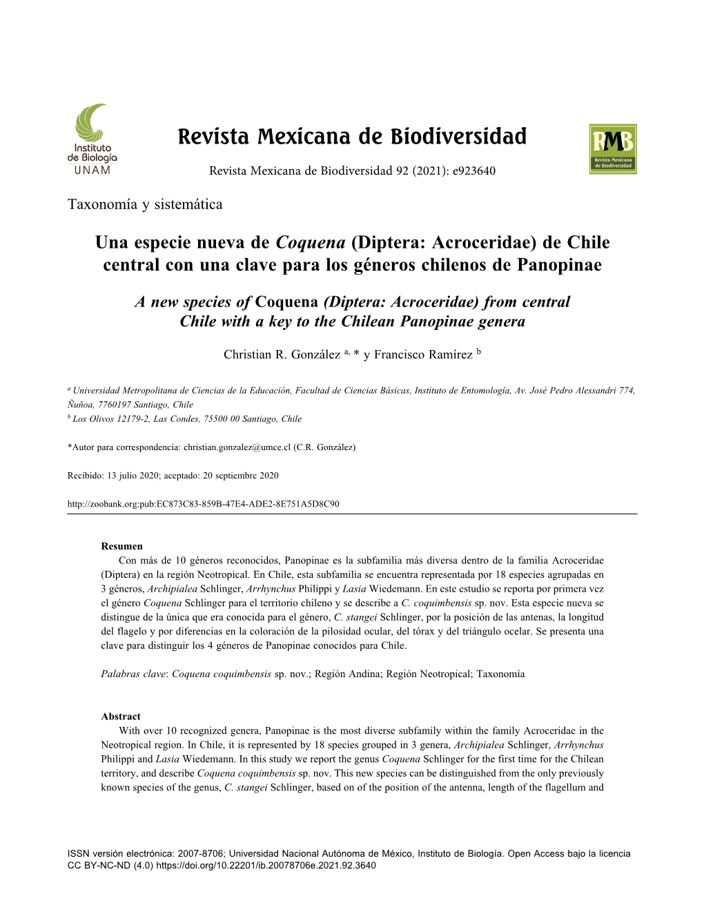 Diptera: Acroceridae) De Chile Central Con Una Clave Para Los Géneros Chilenos De Panopinae