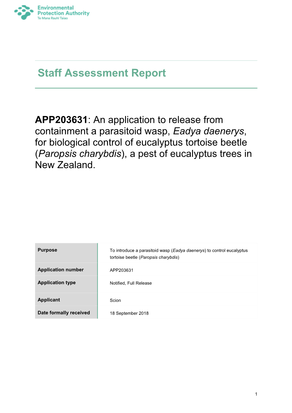 Staff Assessment Report