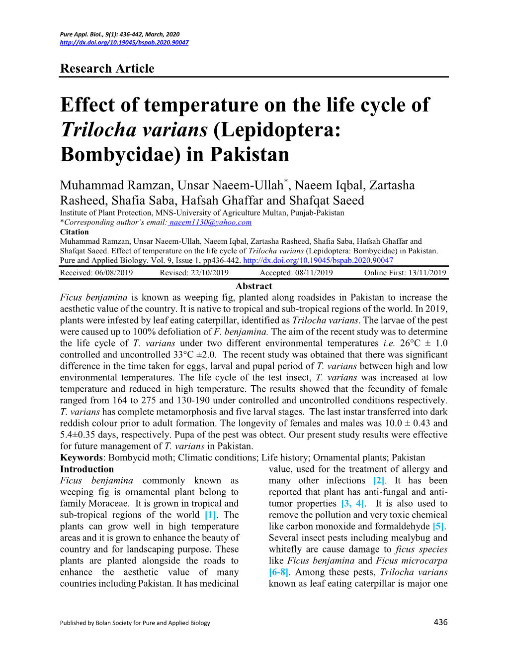 Effect of Temperature on the Life Cycle of Trilocha Varians (Lepidoptera: Bombycidae) in Pakistan