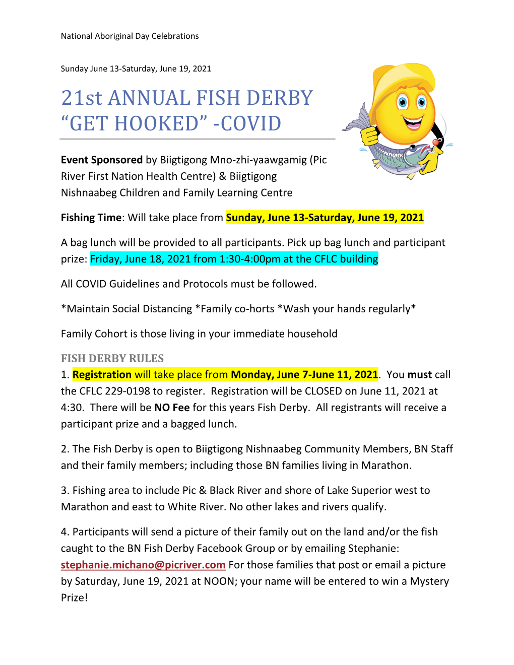 21St ANNUAL FISH DERBY “GET HOOKED” -COVID