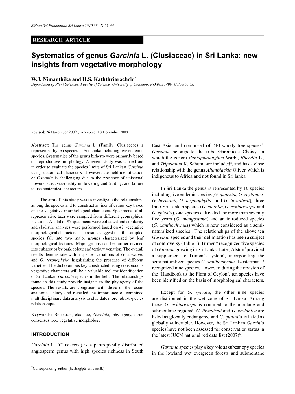 Systematics of Genus Garcinia L. (Clusiaceae) in Sri Lanka: New Insights from Vegetative Morphology