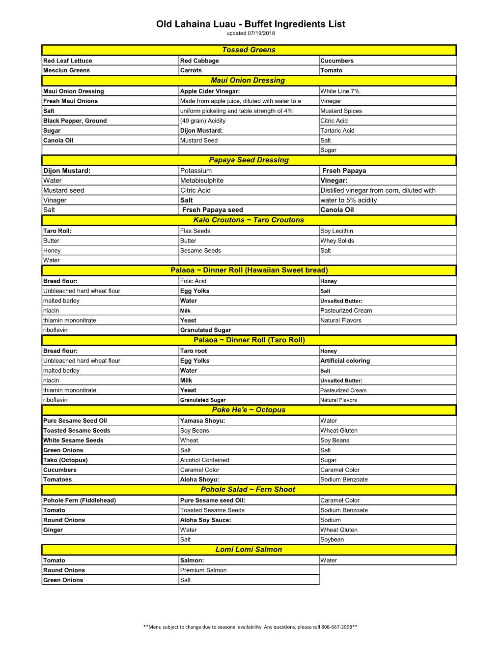 Old Lahaina Luau - Buffet Ingredients List Updated 07/19/2018