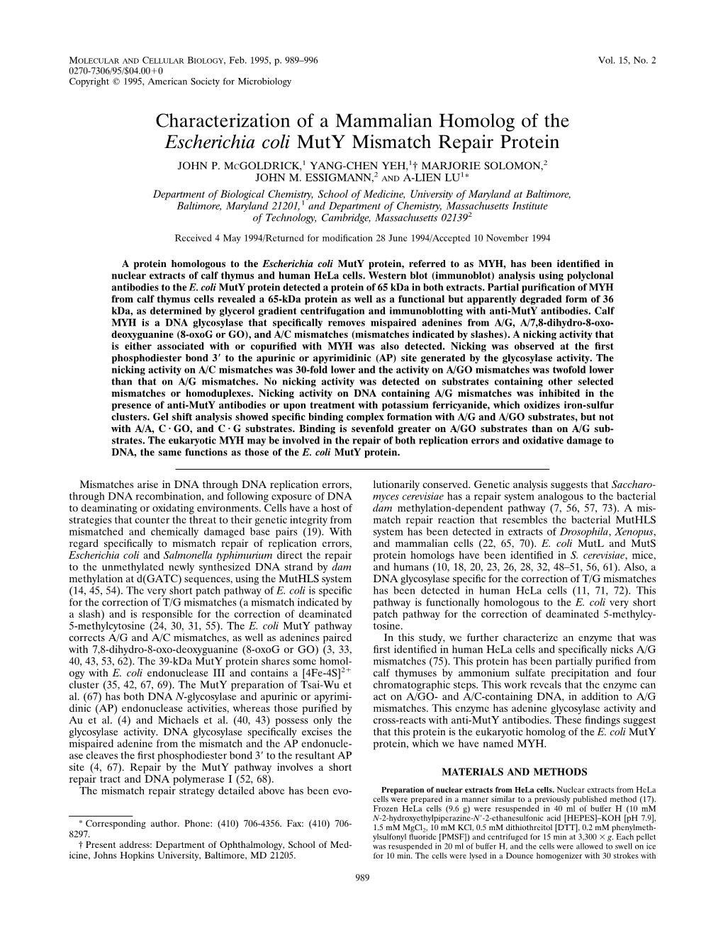 Characterization of a Mammalian Homolog of the Escherichia Coli Muty Mismatch Repair Protein
