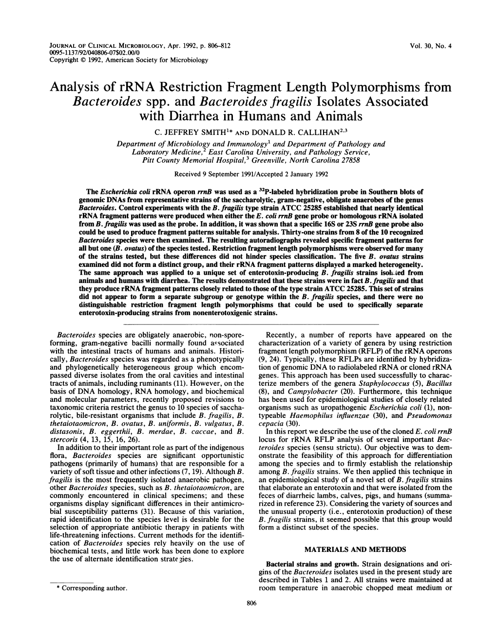 Analysis of Rrna Restriction Fragment Length Polymorphisms from Bacteroides Spp. and Bacteroides Fragilis Isolates Associated with Diarrhea in Humans and Animals