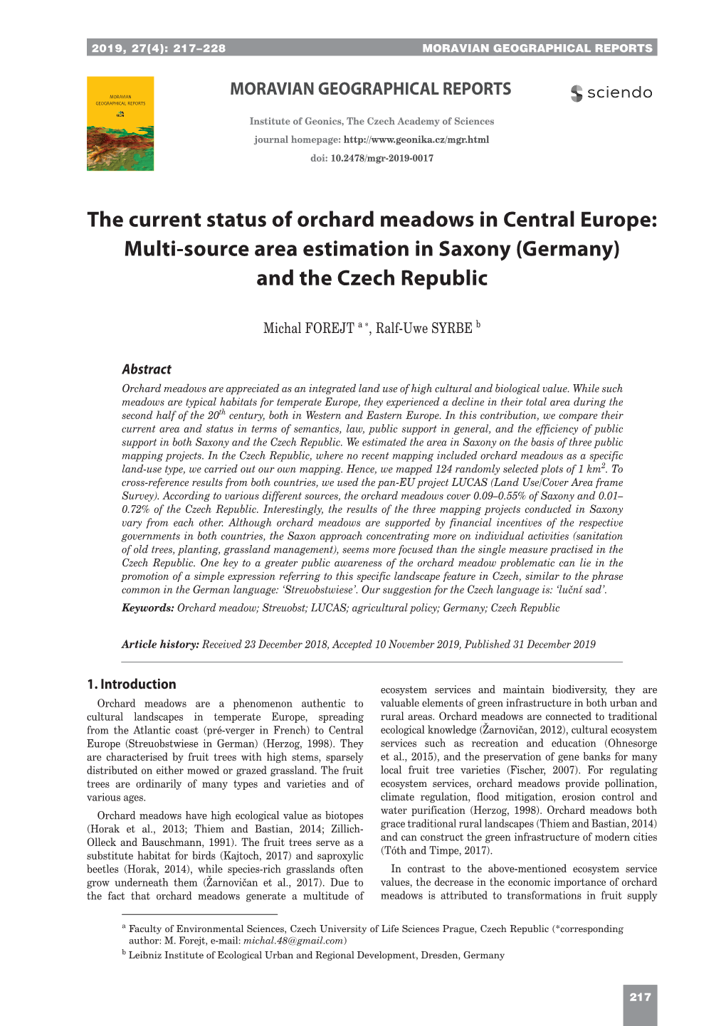 The Current Status of Orchard Meadows in Central Europe: Multi-Source Area Estimation in Saxony (Germany) and the Czech Republic