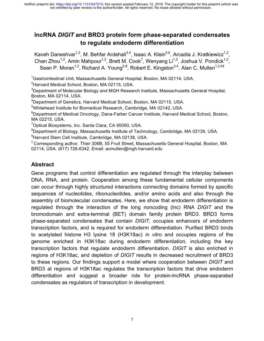 Lncrna DIGIT and BRD3 Protein Form Phase-Separated Condensates to Regulate Endoderm Differentiation