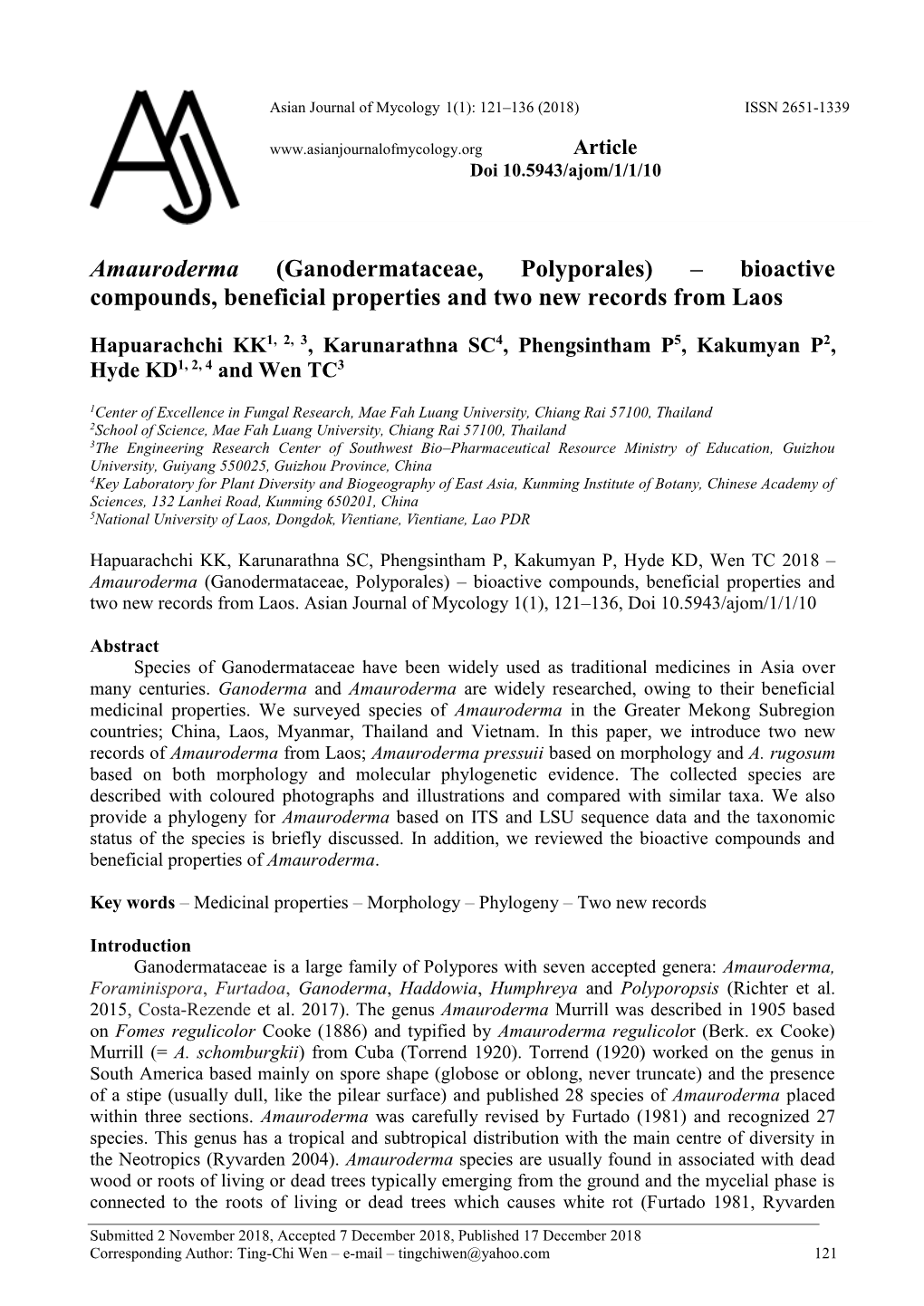 Amauroderma (Ganodermataceae, Polyporales) – Bioactive Compounds, Beneficial Properties and Two New Records from Laos