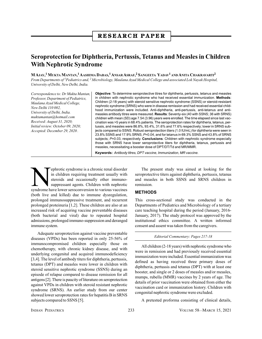 Seroprotection for Diphtheria, Pertussis, Tetanus and Measles in Children with Nephrotic Syndrome