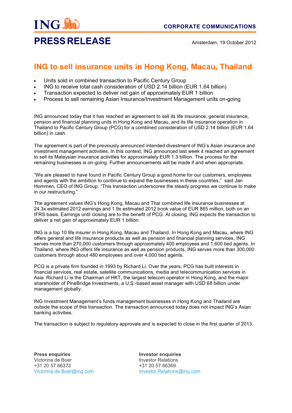 ING to Sell Insurance Units in Hong Kong, Thailand