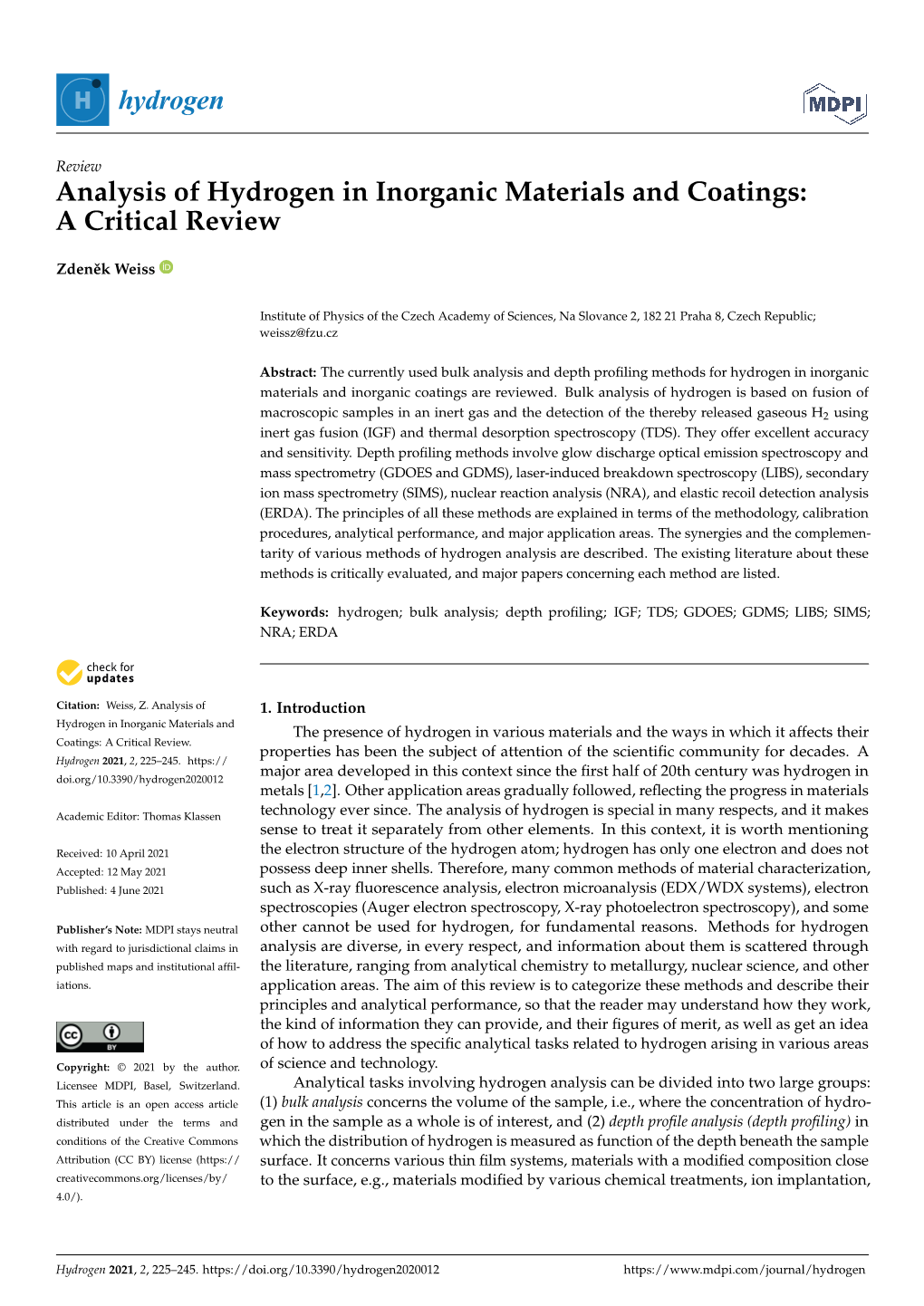 Analysis of Hydrogen in Inorganic Materials and Coatings: a Critical Review