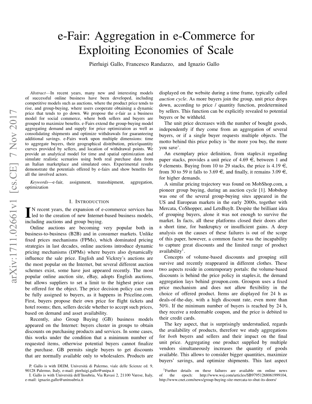 Aggregation in E-Commerce for Exploiting Economies of Scale Pierluigi Gallo, Francesco Randazzo, and Ignazio Gallo