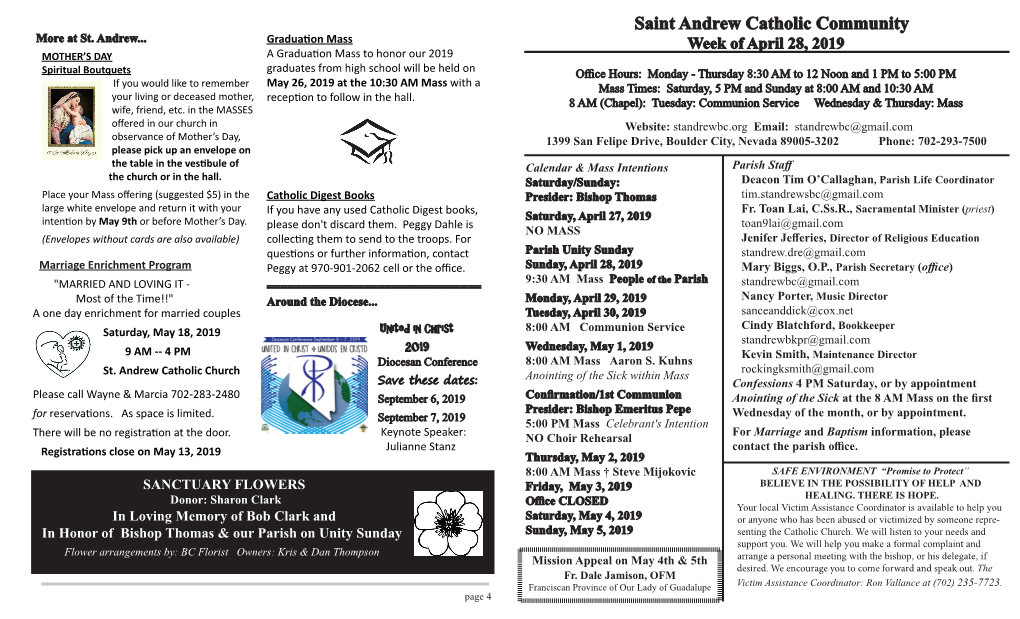 Saint Andrew Catholic Community Week of April 28, 2019