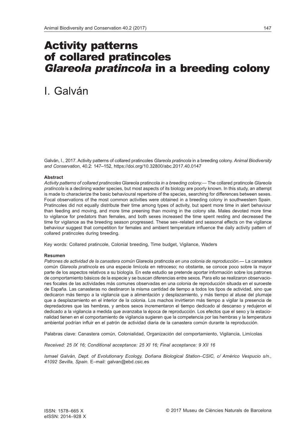 Activity Patterns of Collared Pratincoles Glareola Pratincola in a Breeding Colony I. Galván