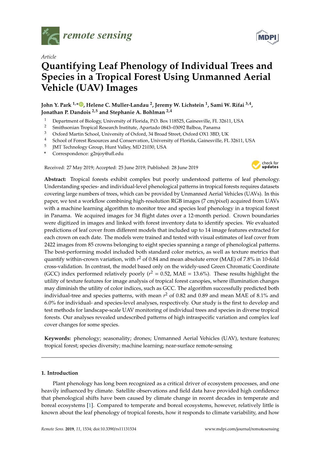 Quantifying Leaf Phenology of Individual Trees and Species in a Tropical Forest Using Unmanned Aerial Vehicle (UAV) Images