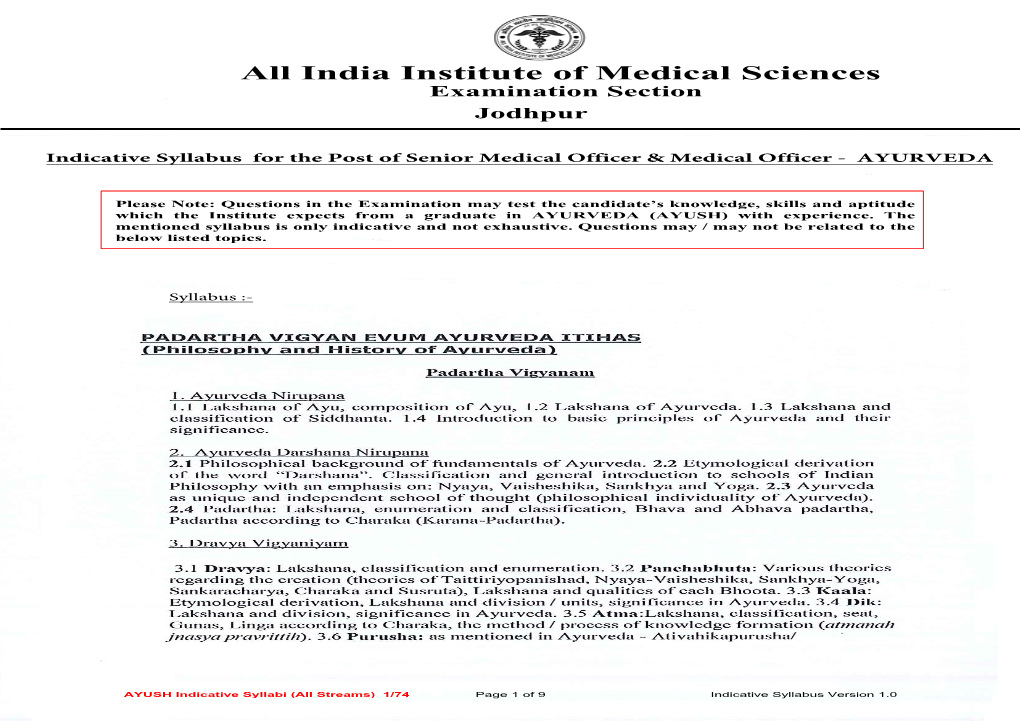 Indicative Syllabus for the Post of Senior Medical Officer & Medical Officer - AYURVEDA