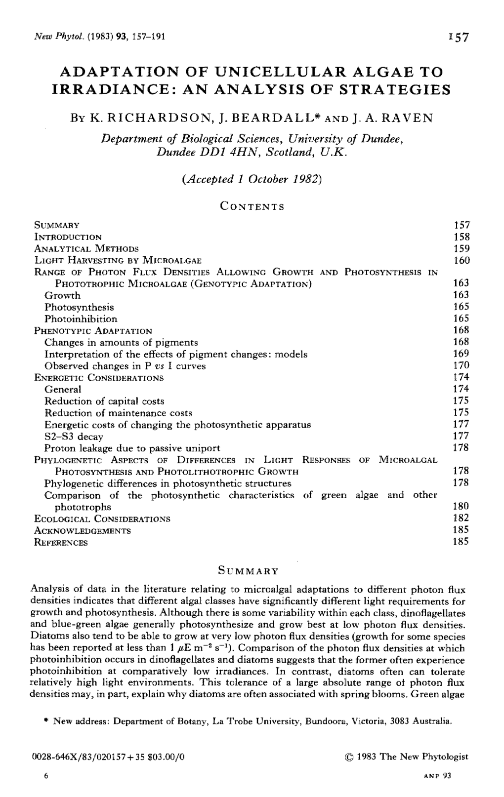 Adaptation of Unicellular Algae to Irradiance: an Analysis of Strategies by K