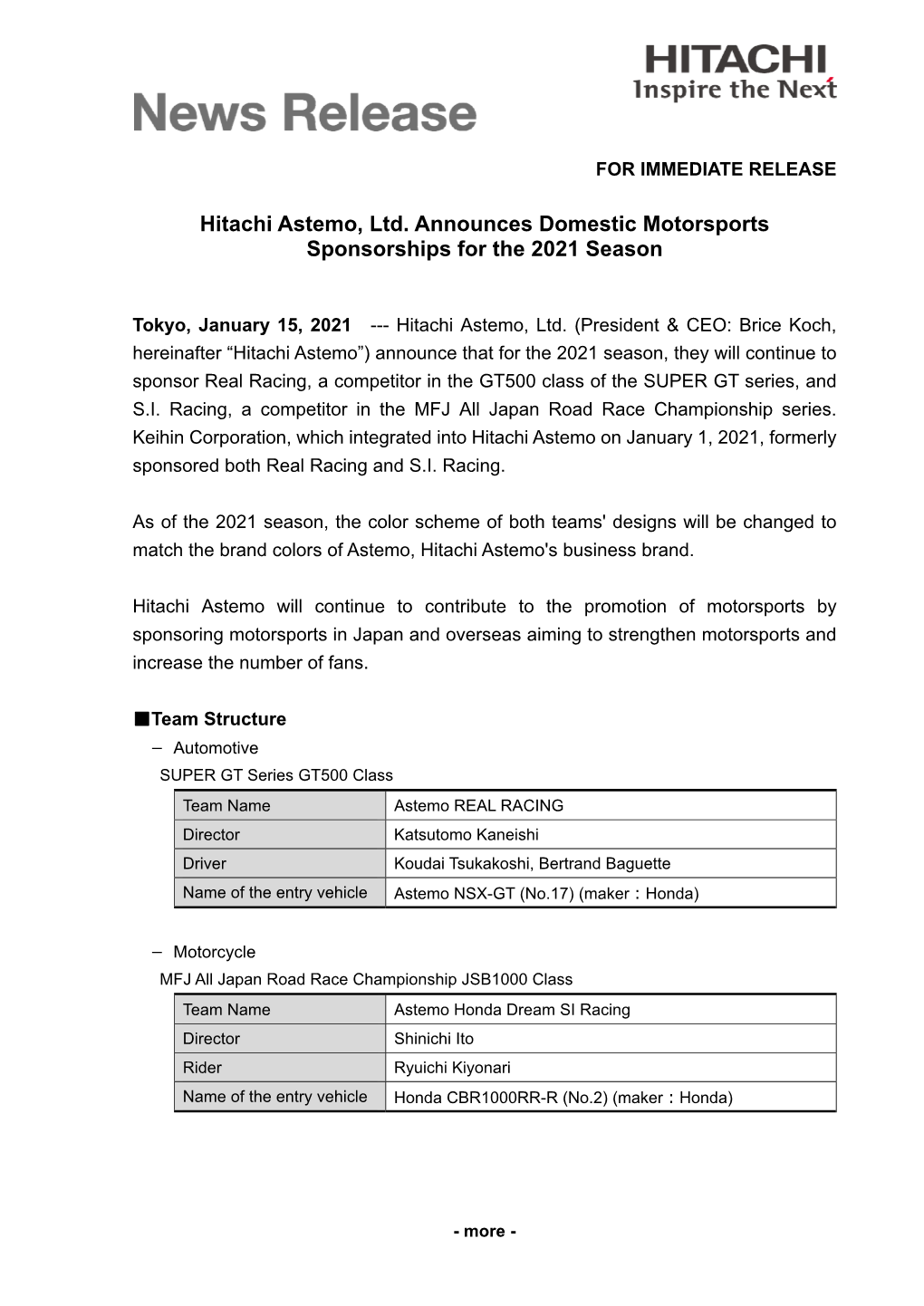 Hitachi Astemo, Ltd. Announces Domestic Motorsports Sponsorships for the 2021 Season