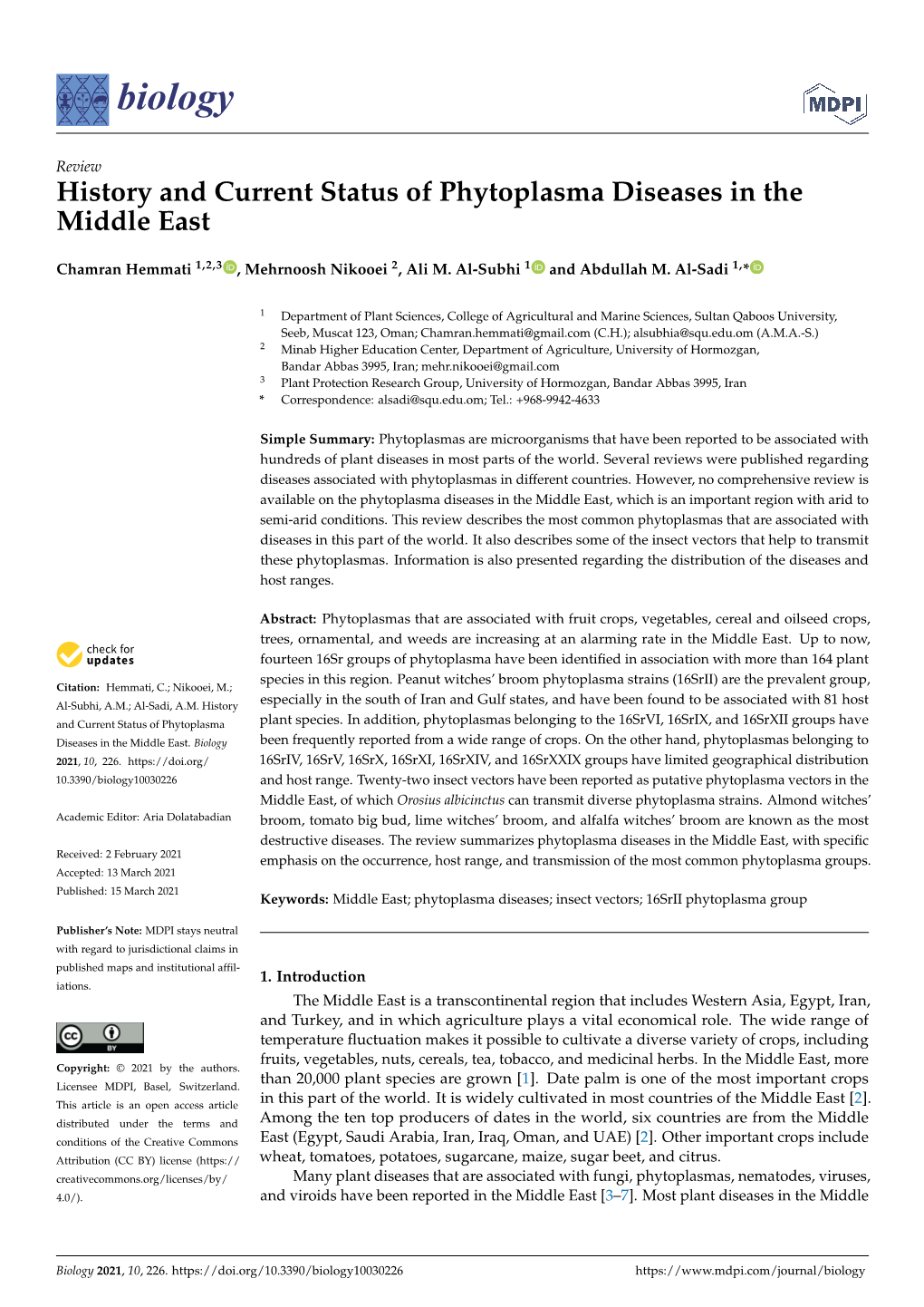 History and Current Status of Phytoplasma Diseases in the Middle East