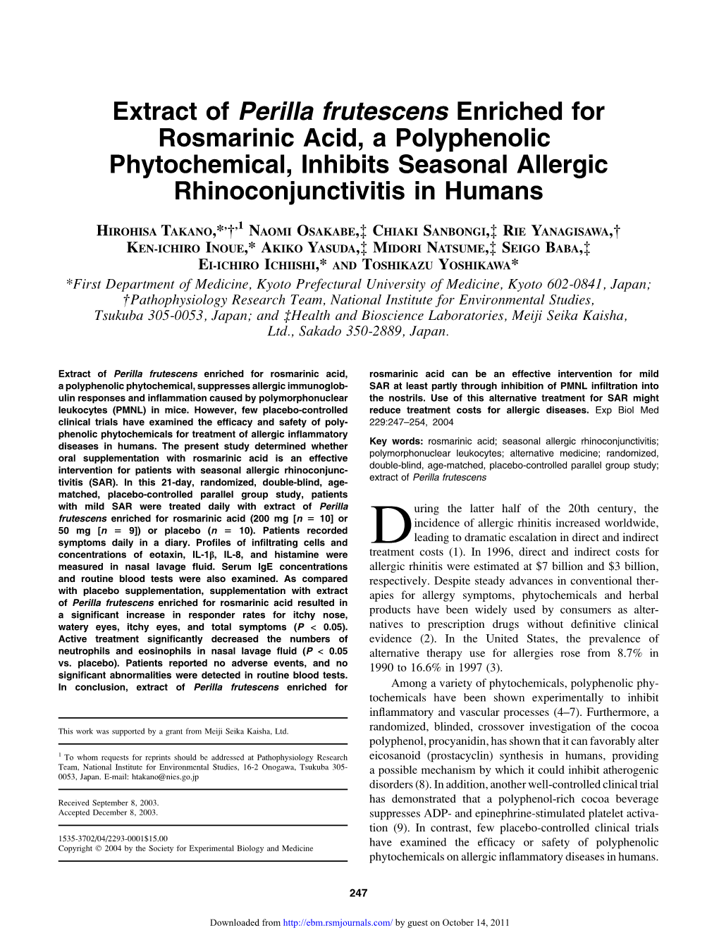 Extract of Perilla Frutescens Enriched for Rosmarinic Acid, a Polyphenolic Phytochemical, Inhibits Seasonal Allergic Rhinoconjunctivitis in Humans