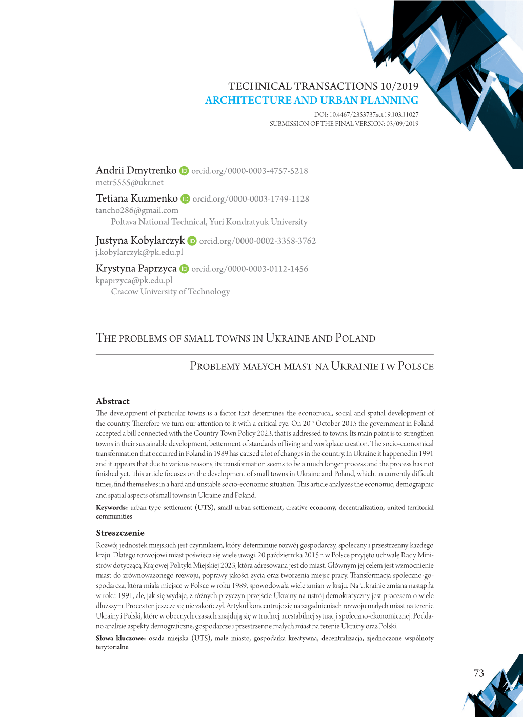 The Problems of Small Towns in Ukraine and Poland Problemy Małych Miast Na Ukrainie I W Polsce