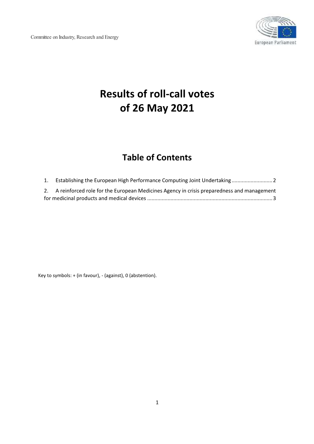 Results of Roll-Call Votes of 26 May 2021