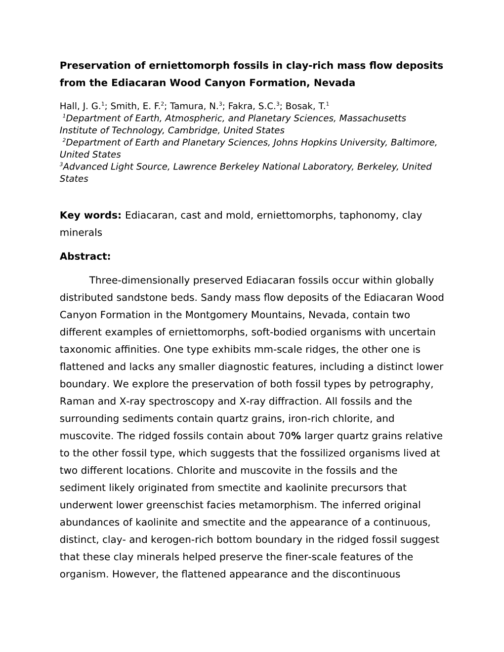 Preservation of Erniettomorph Fossils in Clay-Rich Mass Flow Deposits from the Ediacaran Wood Canyon Formation, Nevada