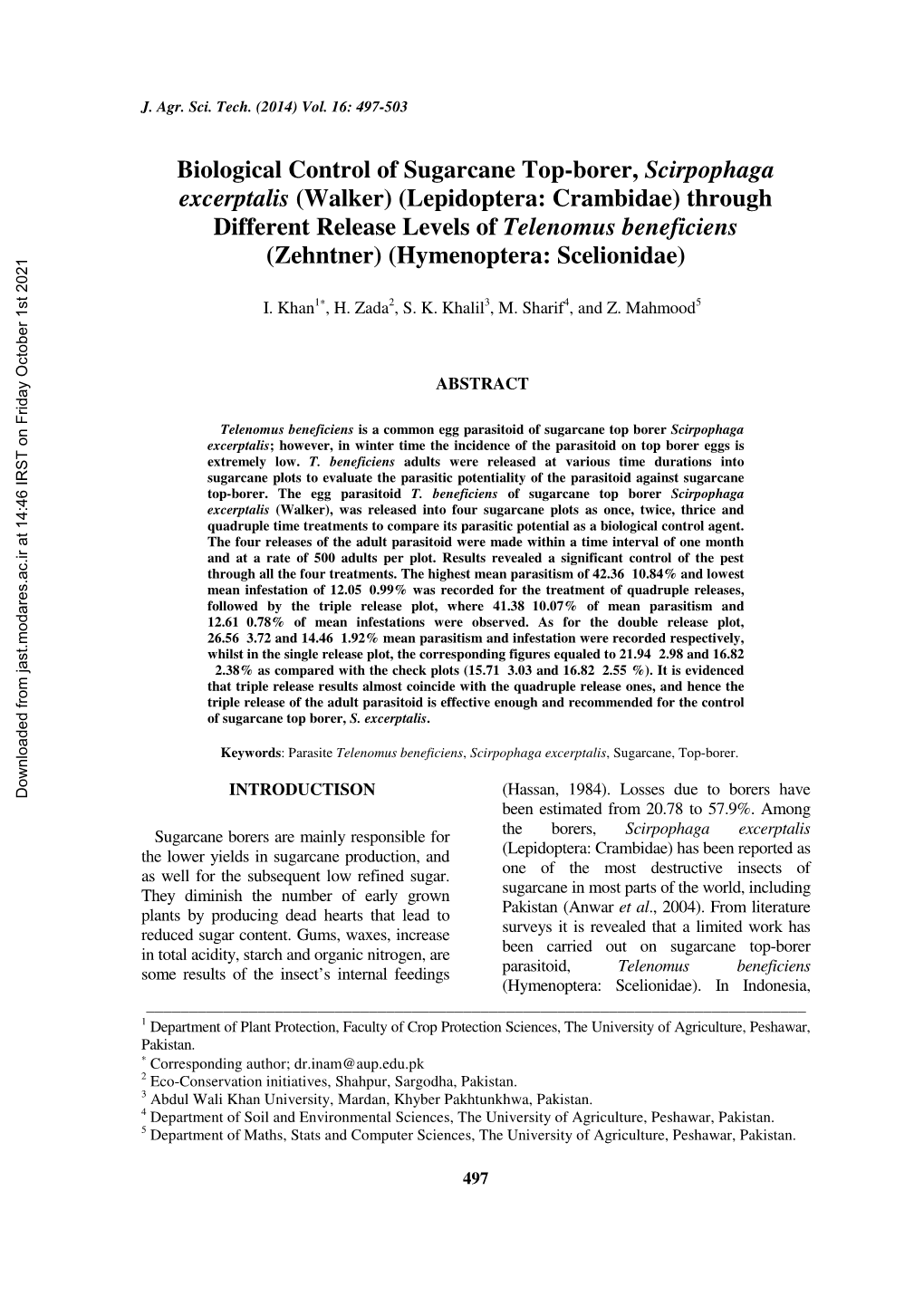 Biological Control of Sugarcane Top-Borer, Scirpophaga Excerptalis