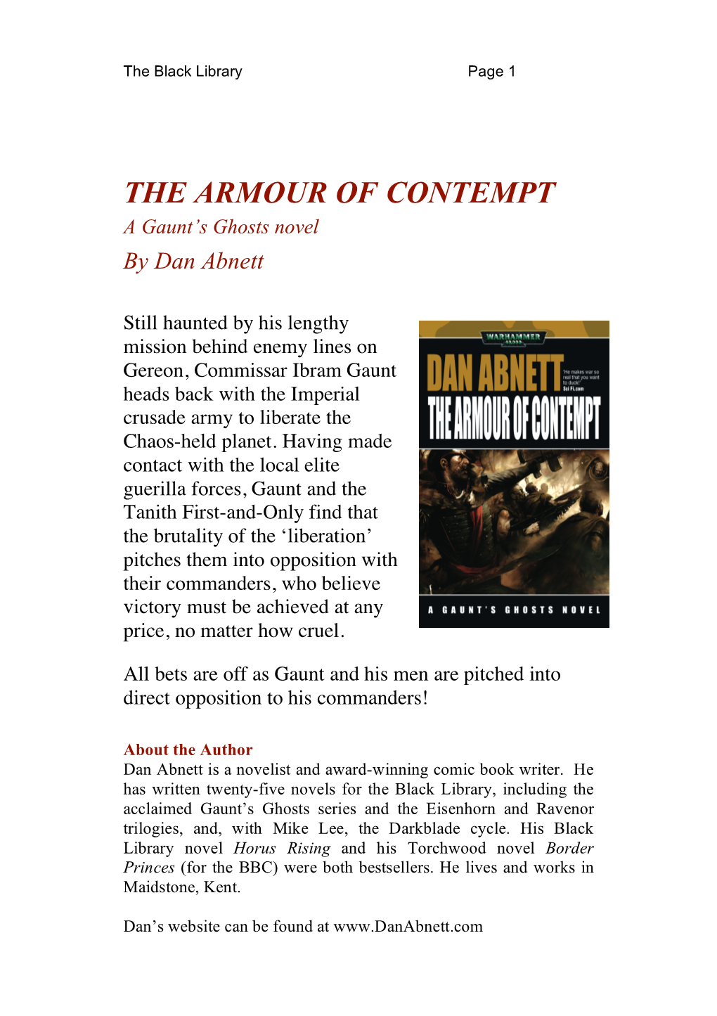 THE ARMOUR of CONTEMPT a Gaunt’S Ghosts Novel by Dan Abnett
