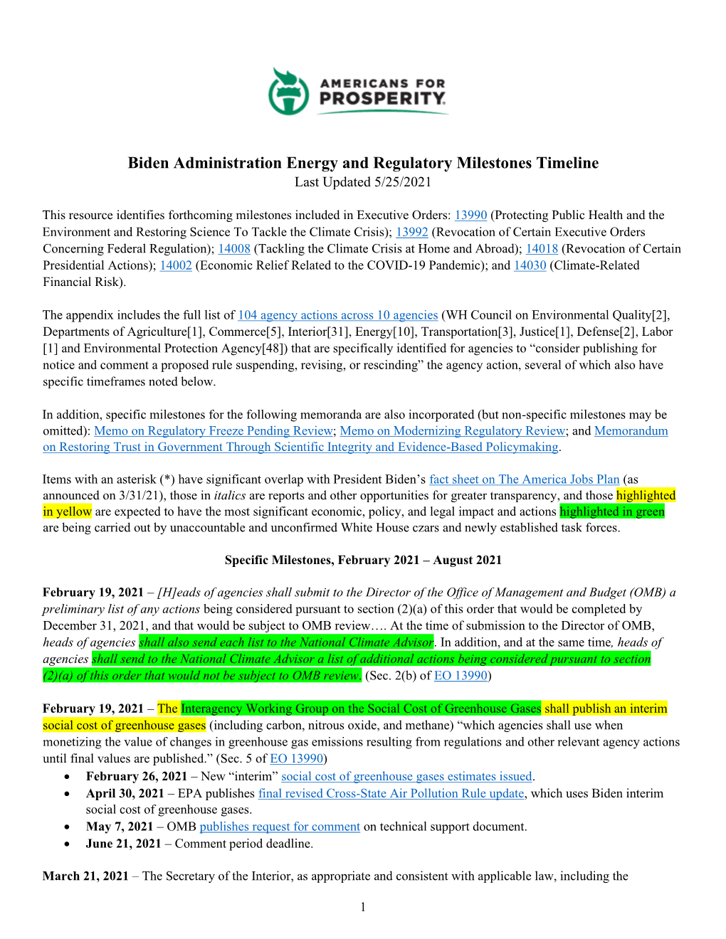 Biden Administration Energy and Regulatory Milestones Timeline Last Updated 5/25/2021