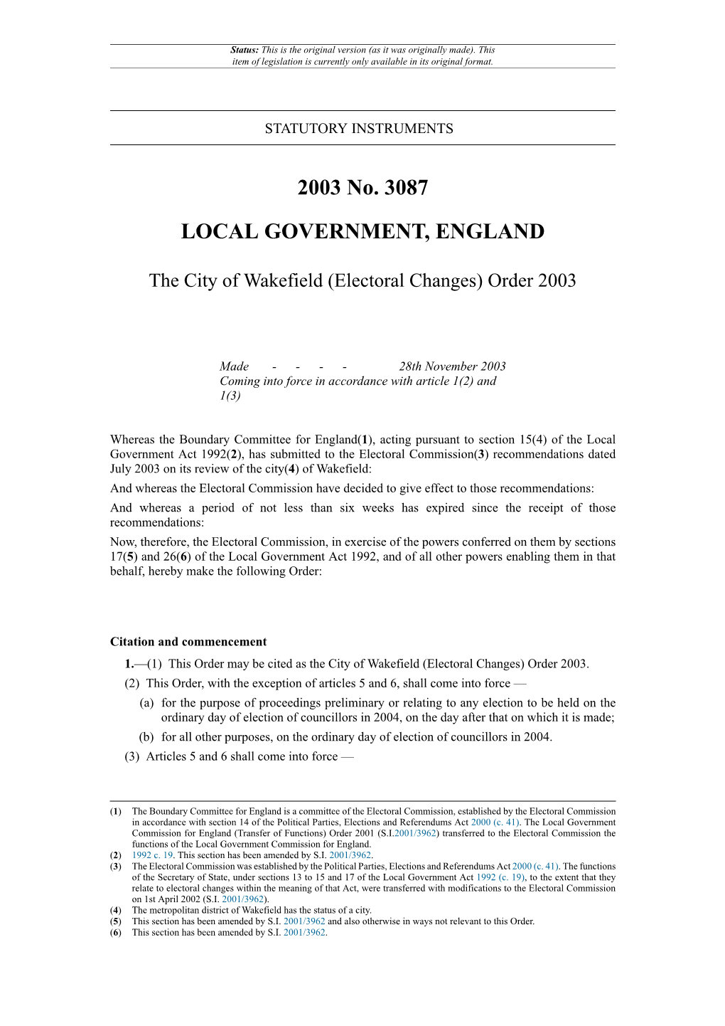The City of Wakefield (Electoral Changes) Order 2003
