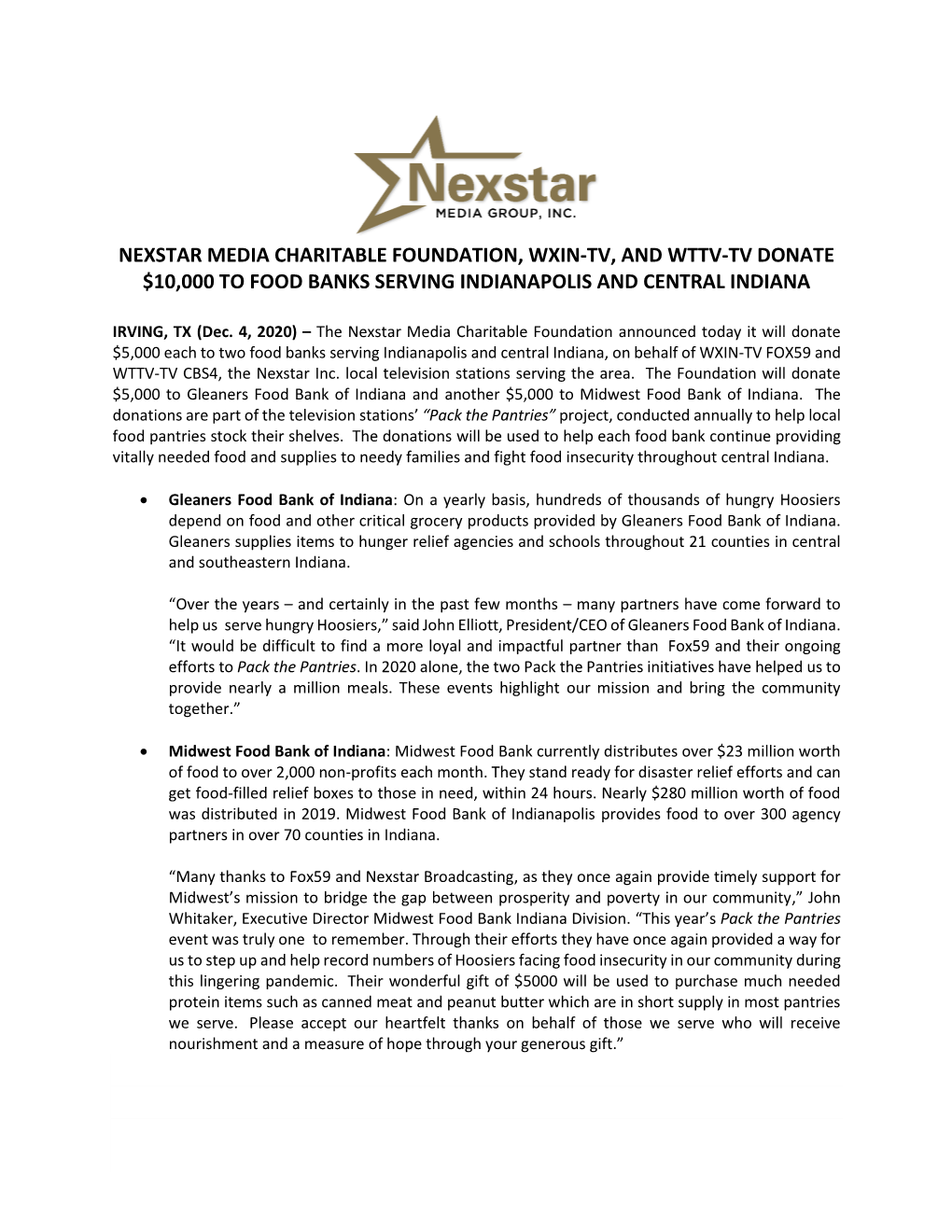 Nexstar Media Charitable Foundation, Wxin-Tv, and Wttv-Tv Donate $10,000 to Food Banks Serving Indianapolis and Central Indiana