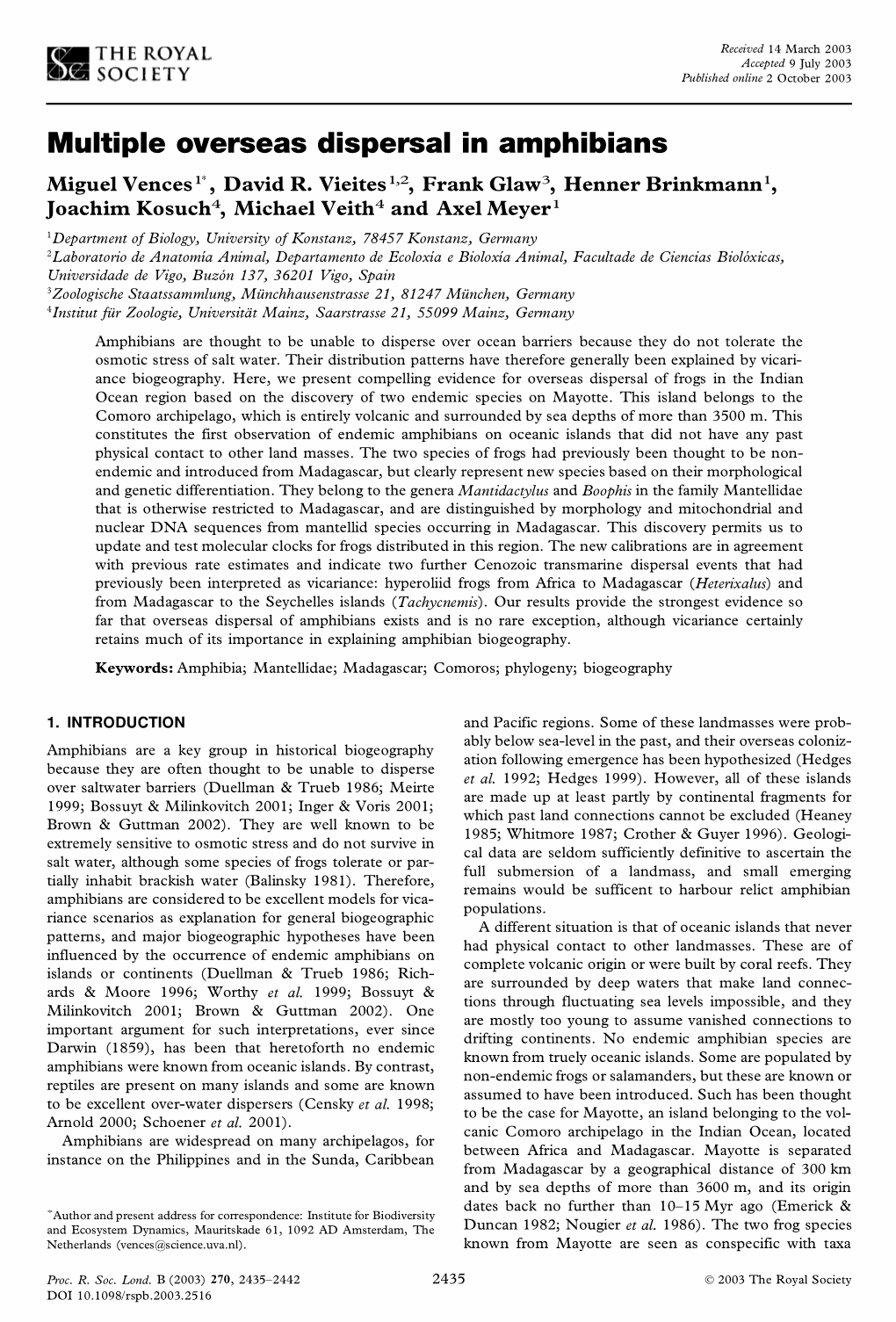 Multiple Overseas Dispersal in Amphibians